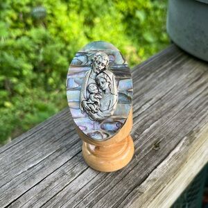 Vintage Silver And Abalone Holy Family On Olive Wood Base As Is Italy